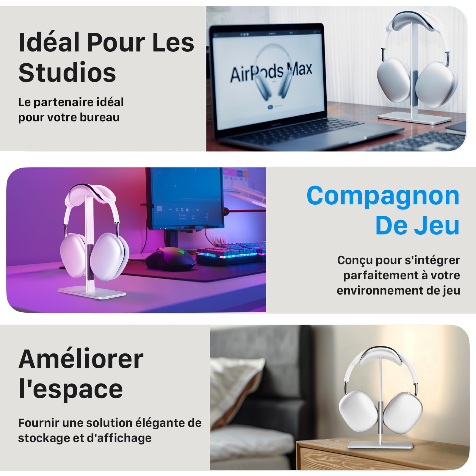 Support pour AirPods Max avec Mode Veille – Support Casque en Aluminium pour Bureau, antidérapant, protège Le Bandeau, Surface Anti-Rayures (Argent)