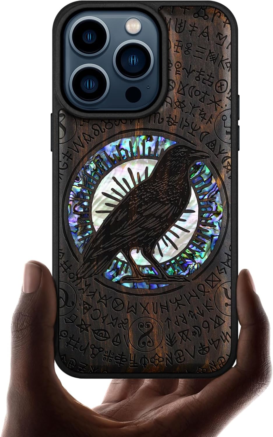 Carveit Wooden Case for iPhone 15 Pro Magnetic Case, Compatible with MagSafe Wireless Chargers, Shockproof Cover, Handmade Shell Inlaid & Wood Artisan Engraved (Haloed Crow) Blackwood
