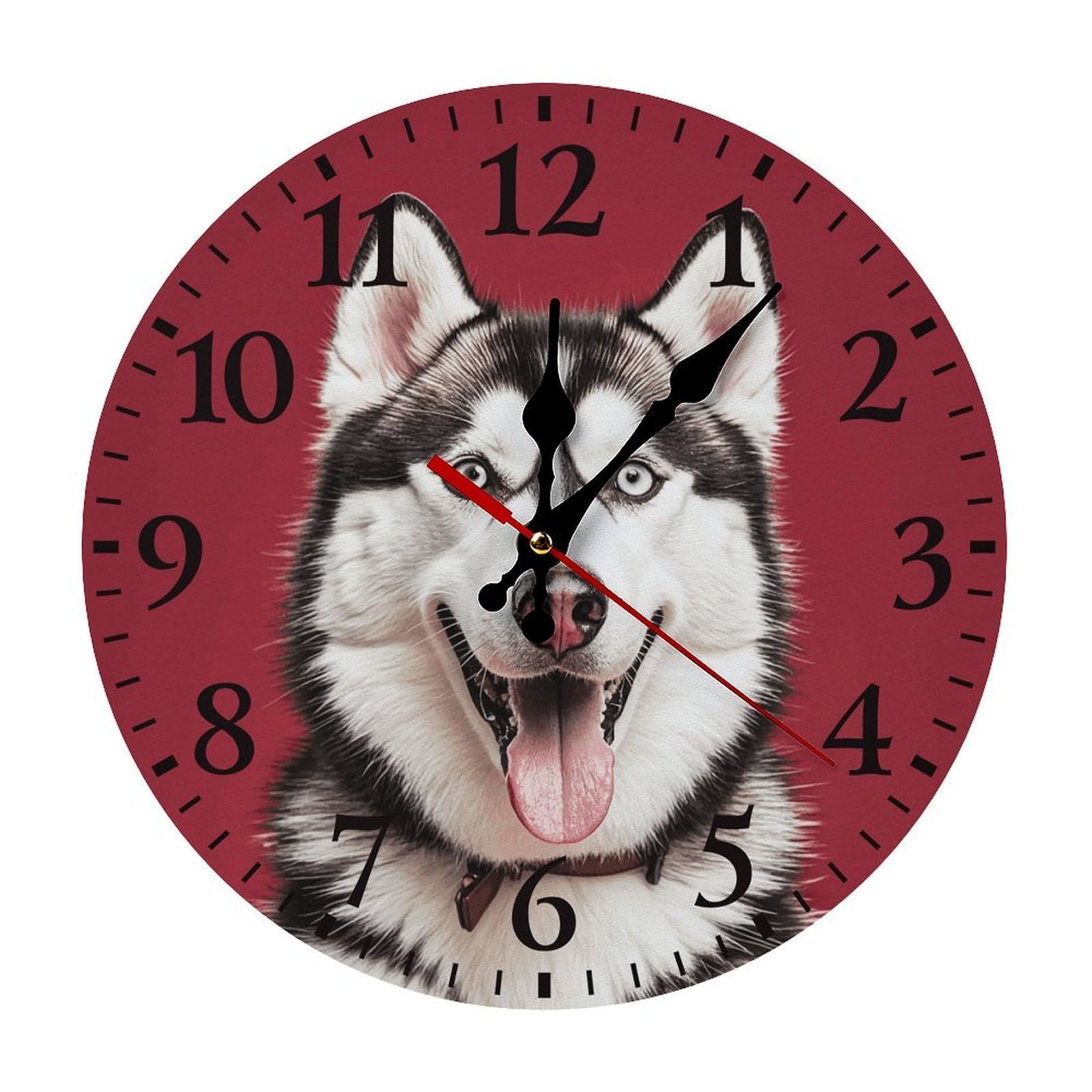 QMNLKH Lovely Husky Wall Clock for Home, Battery Operated Clock for Hotel, Round Wall Clock with Arabic Numerals Black, Easy to Read, Non-Ticking Clocks for Living Room 30 * 30cm