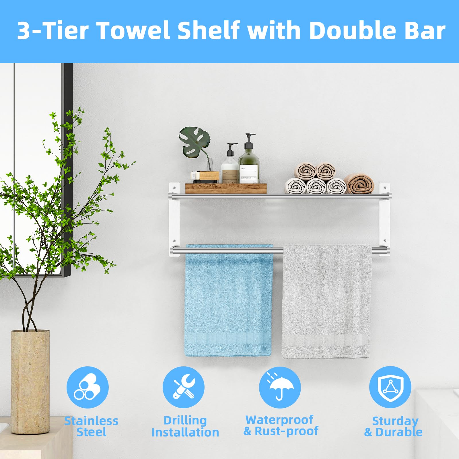 KLJKPA Toalleros de 24 pulgadas para baño, montaje en pared, níquel cepillado | Toallero de 2 niveles con barra de toalla doble, soporte para toallas, almacenamiento de toallas, acero inoxidable