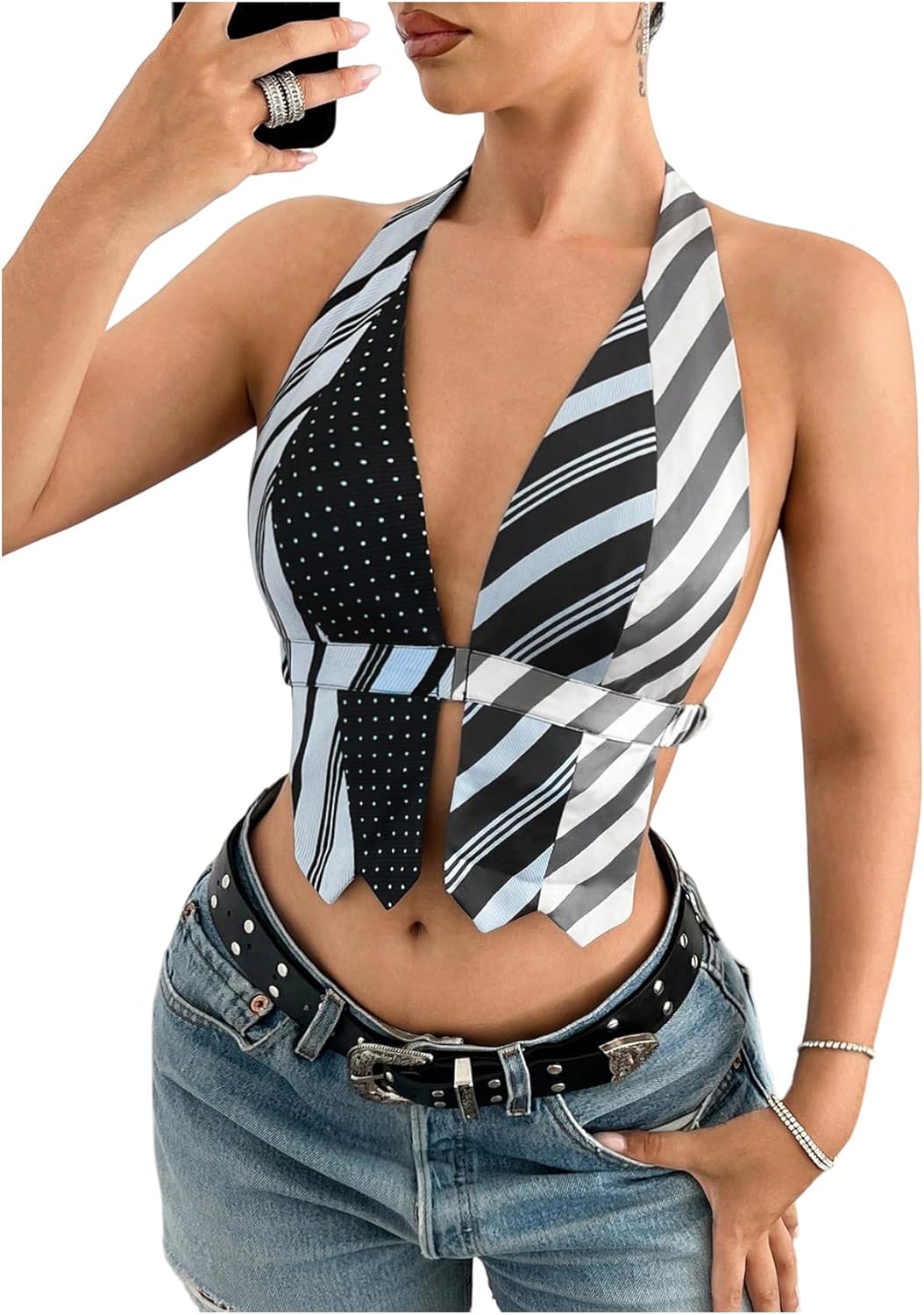 OYOANGLE Women's Striped Sleeveless Halter Crop Top Deep V Neck Backless Asymmetrical Hem Y2K Tops