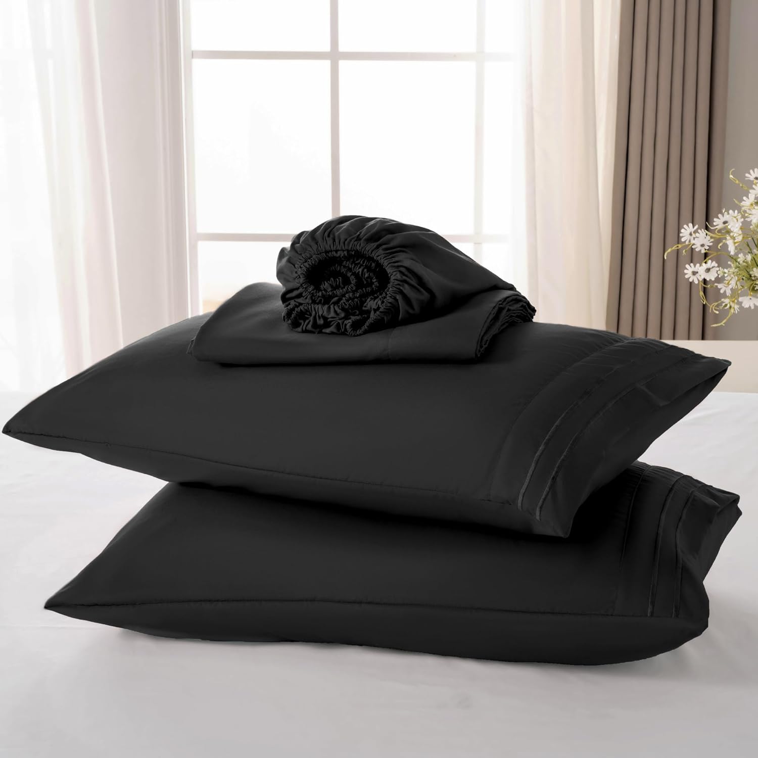 ROSE&RISY Black Queen Sheet Set, 4 Pieces Soft Bedding Queen Sheet Set, Breathable and Cooling,Includes 1 Fitted, 1 Flat, 2 Pillow Cases - Deep Pocket (Black, Queen) - Image 6