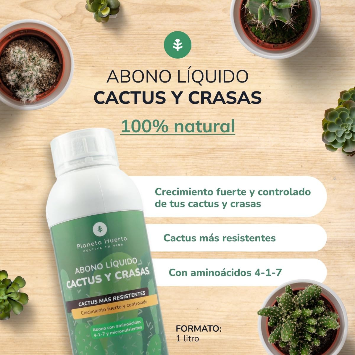 PLANETA HUERTO | Engrais liquide pour cactus et plantes succulentes 1 L – Engrais liquide biologique avec acides aminés et micronutriments, favorise la croissance