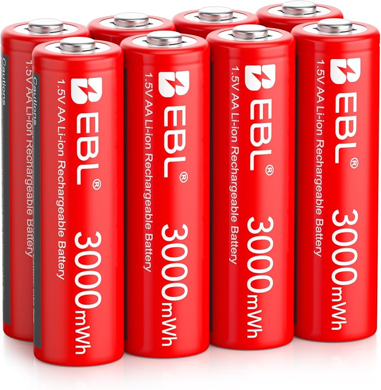 EBL Rechargeable Lithium AA Batteries 8Pack, 1.5V 3000mWh for Blink Camera | Mercury-Free, 40% Lighter, Double AA Battery Rechargeable, 1200 Cycles, 1.5V Constant Voltage, Ideal For Toys/Cameras