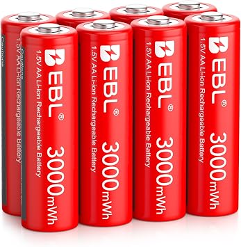 EBL 8-Pack Rechargeable AA Lithium Batteries, 1.5V 3000mWh Rechargeable AA Batteries, Long-Lasting Double A Batteries Compatible Only with 1.5V Devices