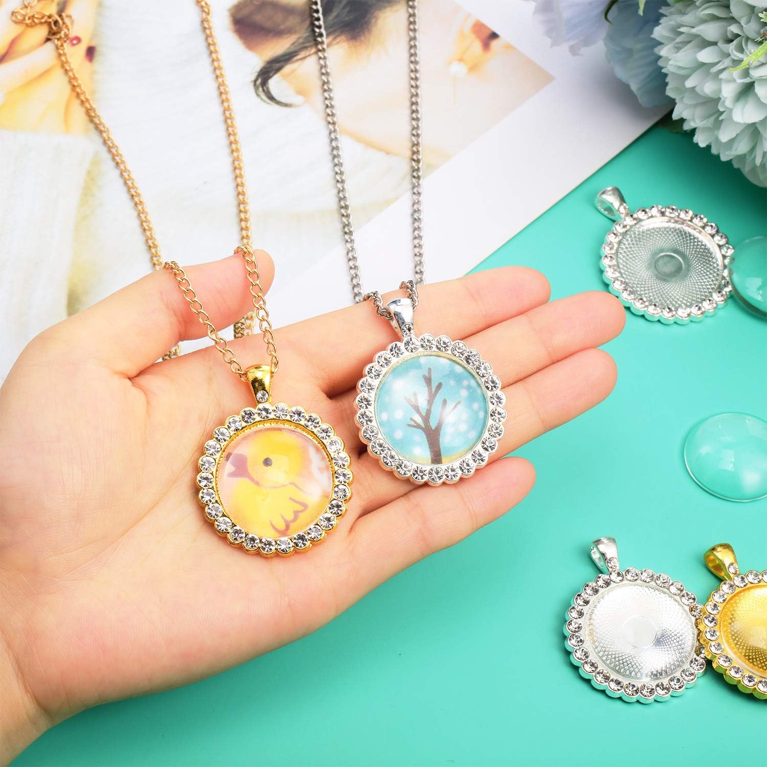 12 Pieces Rhinestone Diamond Pendant Trays 25 mm Round Bezel Pendant Trays and 12 Pieces Transparent Glass Cabochons for Photo Jewelry Craft DIY Making(Gold and Sliver) - Image 5