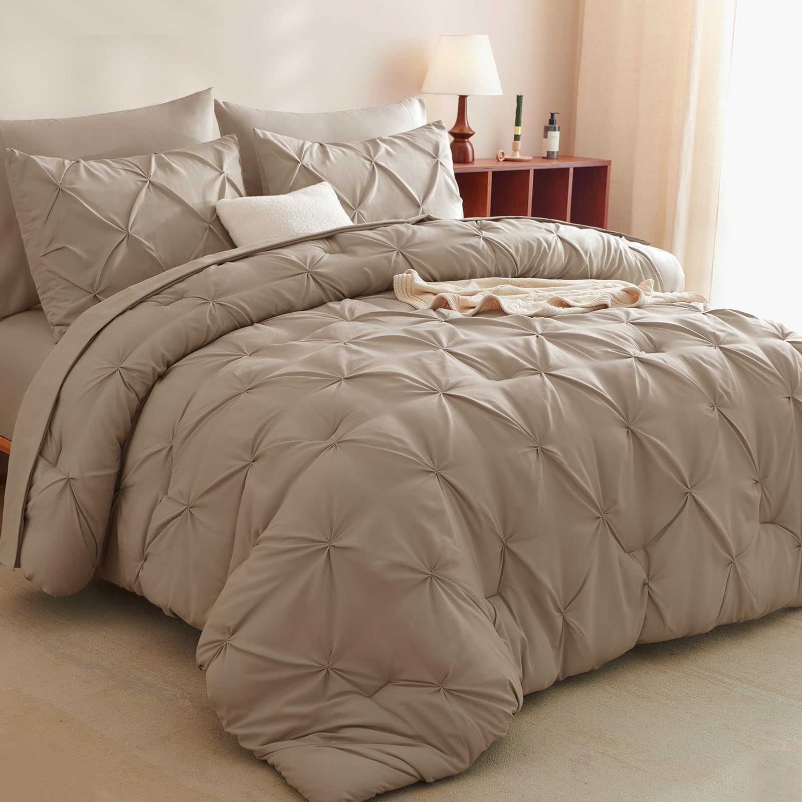 CozyLux Full Size Comforter Sets Khaki, 7 Pieces Pintuck Bed in A Bag Khaki Comforter Full Size, Pinch Pleat Bedding Sets with All Season Comforter, Sheets, Pillowcases & Shams