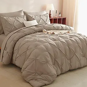 CozyLux Queen Comforter Set Khaki, 7 Pieces Pintuck Bed in A Bag, Premium Khaki Comforter Queen Size, Pinch Pleat Bedding Sets with Comforter, Sheets, Pillowcases & Shams