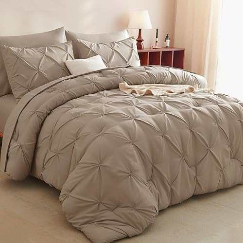 CozyLux Queen Comforter Set Khaki, 7 Pieces Pintuck Bed in