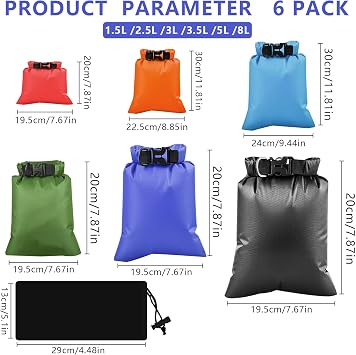 6 PCS Waterproof Dry Bag, Lightweight Dry Sacks Set with 1.5L, 2.5L, 3L, 3.5L, 5L, 8L Drybag Canoe Bags for Boating/Travel/Rafting/Camping/Swimming/Fishing (Multicolor)