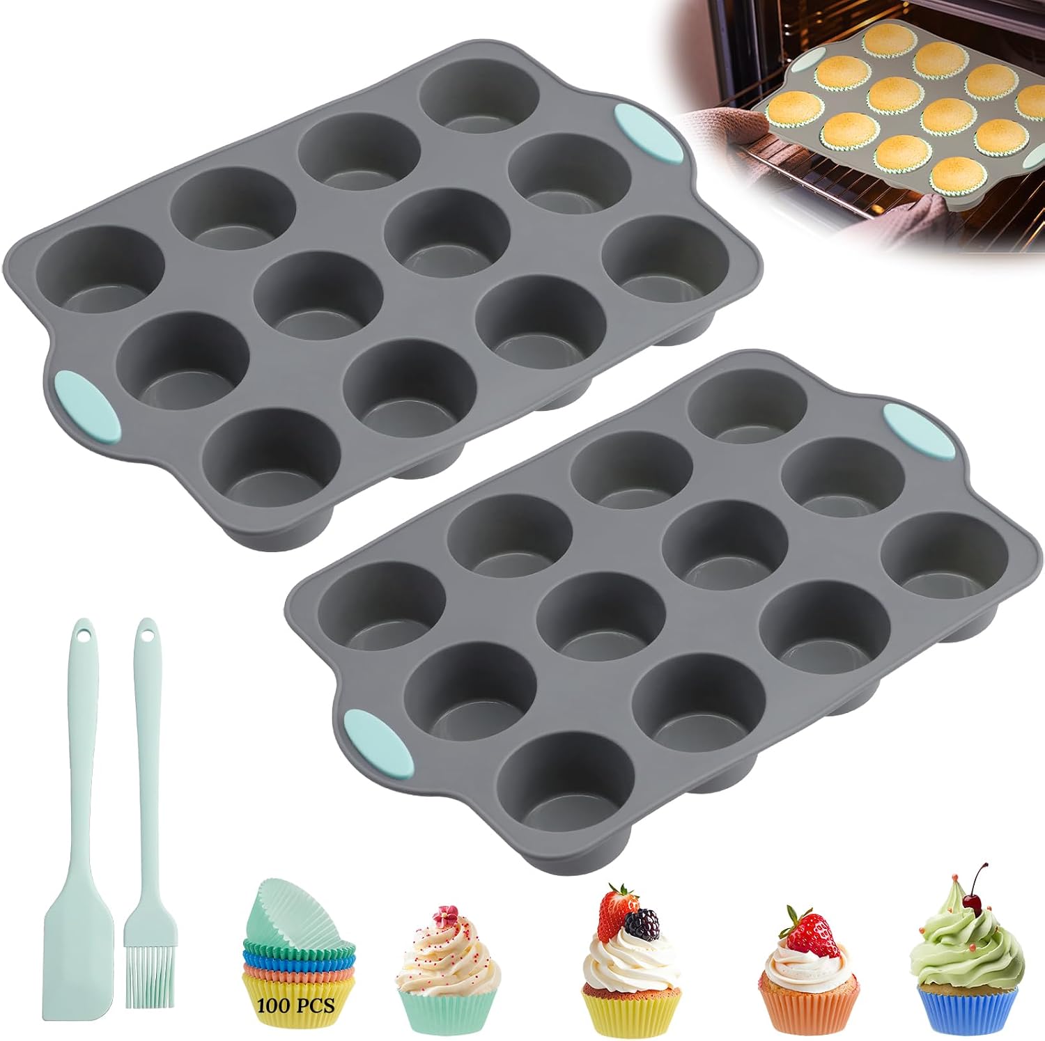 WRENYZK 104 Pcs Silicone Muffin Pan Set, 2 Pcs 12 Cup Mini Nonstick Muffin Tray and 100 Pcs Cupcake Liners with 2 Pcs Utensils, Cupcake Molds with Handles, Dishwasher Safe, Heat Resistant to 428°F