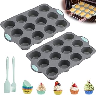 WRENYZK 104 Pcs Silicone Muffin Pan Set, 2 Pcs 12 Cup Mini Nonstick Muffin Tray and 100 Pcs Cupcake Liners with 2 Pcs Utensils, Cupcake Molds with Handles, Dishwasher Safe, Heat Resistant to 428°F