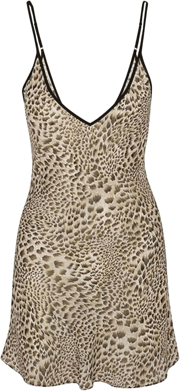 GORGLITTER Women's Leopard Print Cami Dress Cheetah Print Deep V Neck Ruffle Mini Dresses