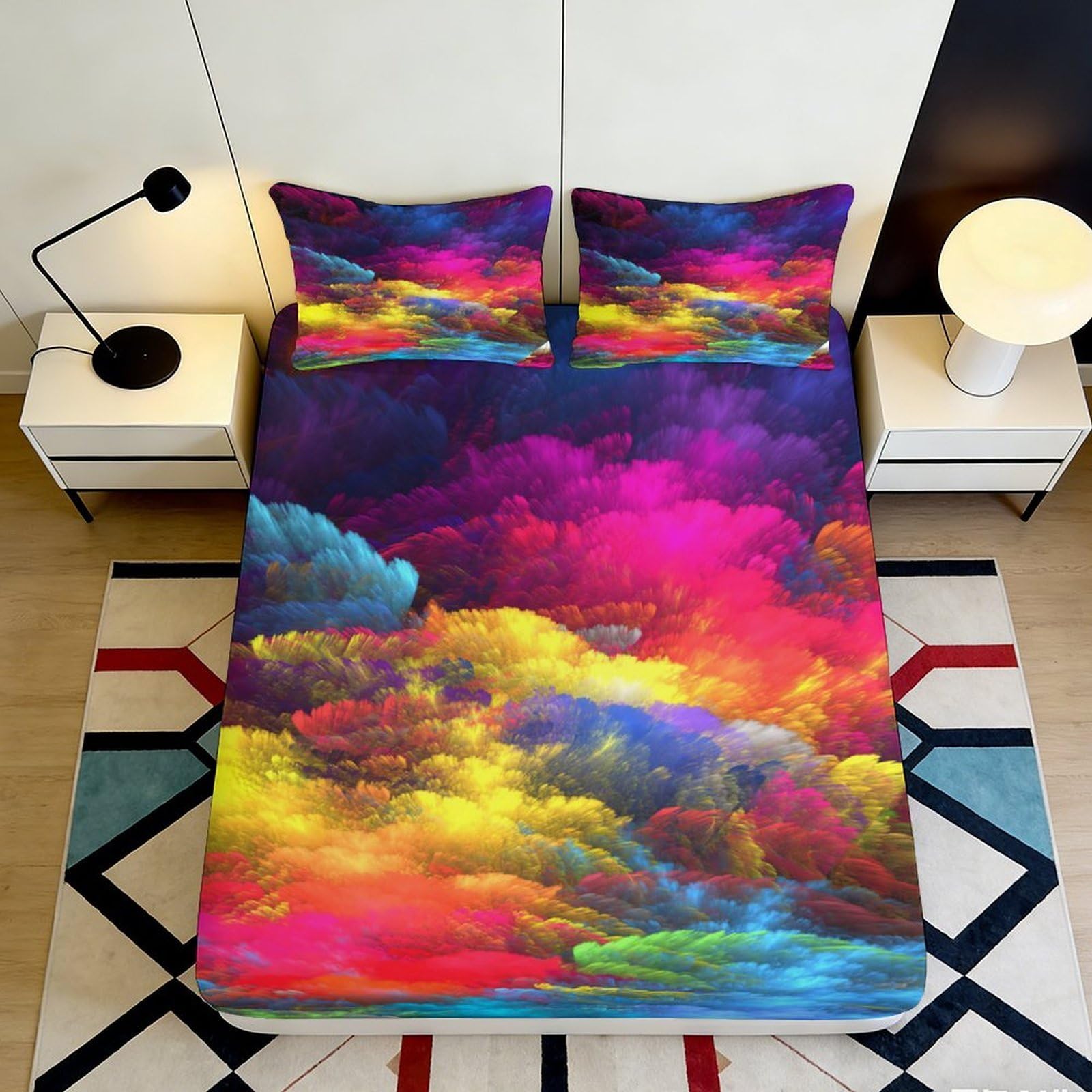 Pnayamiorkfel Style-5 3D Printed Vibrant Cloud Fitted Sheet Microfiber Multicolour Artistic Mattress Cover For Bedroom Dorm Decorative Protection 90X200x25cm