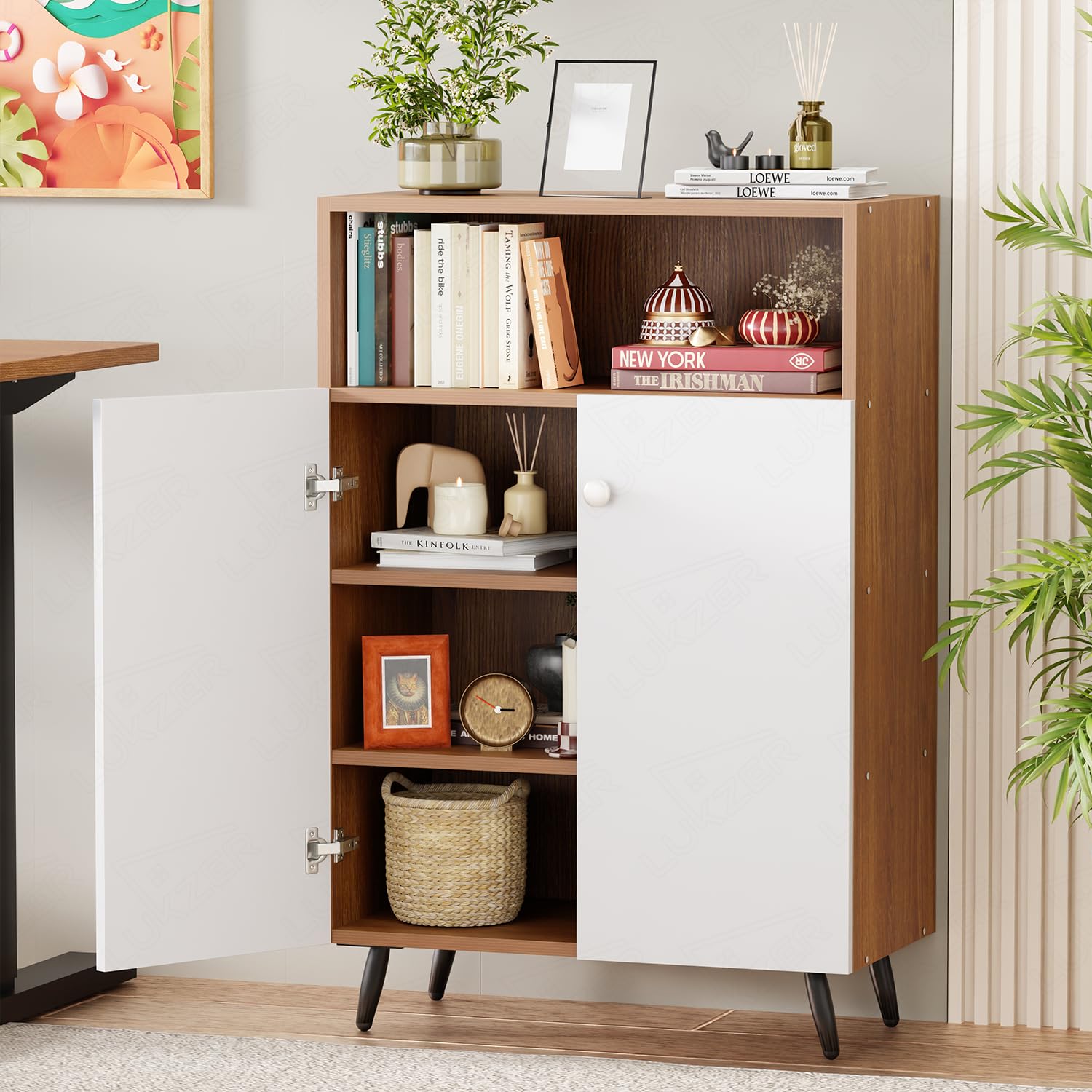 Lukzer Wooden Book Shelf & Storage Cabinet with White Doors (MR-034/Oak Brown) Engineered Wood Bookshelf for Home, Bedroom, Office & Kitchen, Multipurpose Books Organizer & Display Rack (90x30x60 cm)-image-41