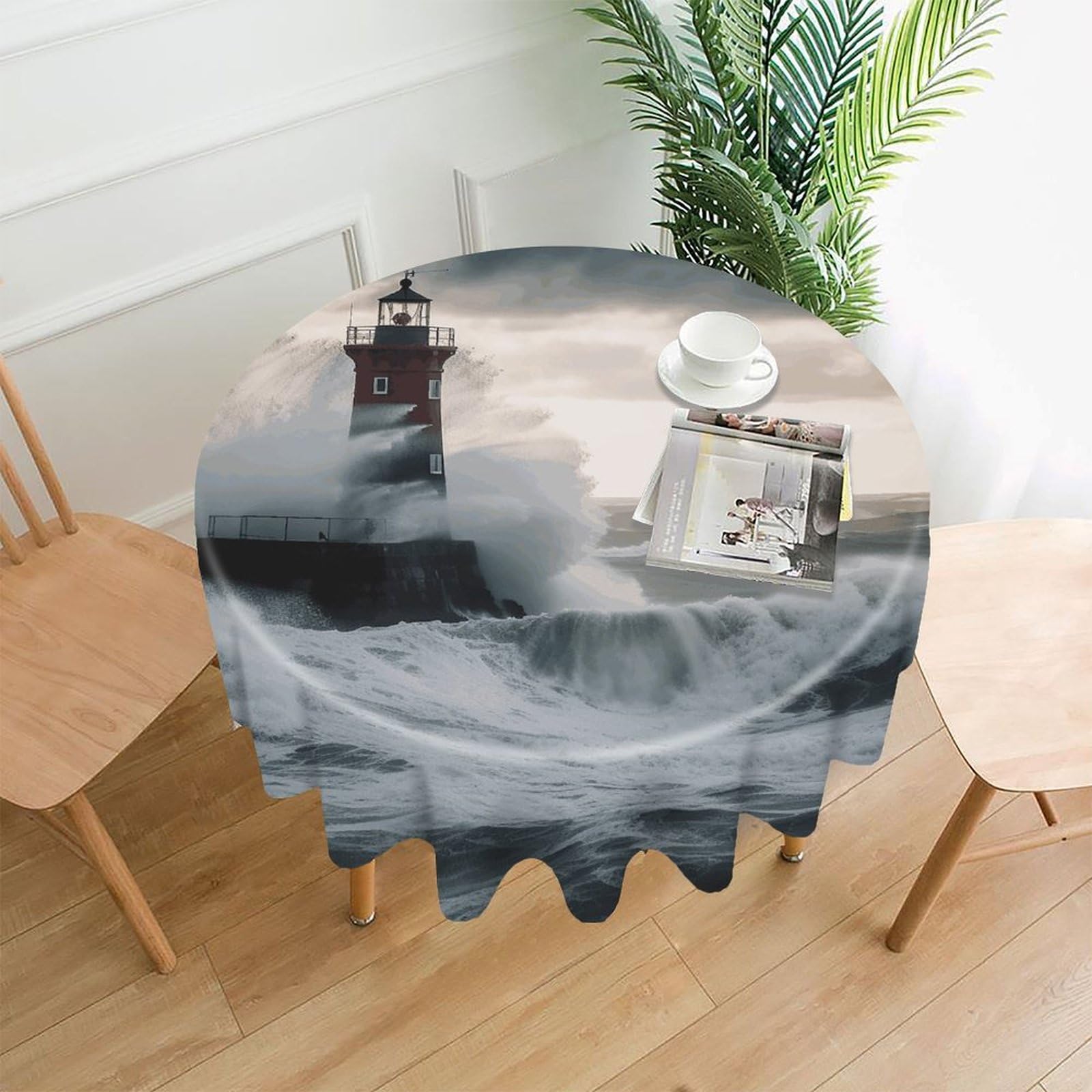 MUSM 60 Inch Lighthouse in Storm Round Tablecloth Wipeable Washable Table Cover for Kitchen and Dining Room Decorative Table Cloth for Party Holiday Picnic Outdoor