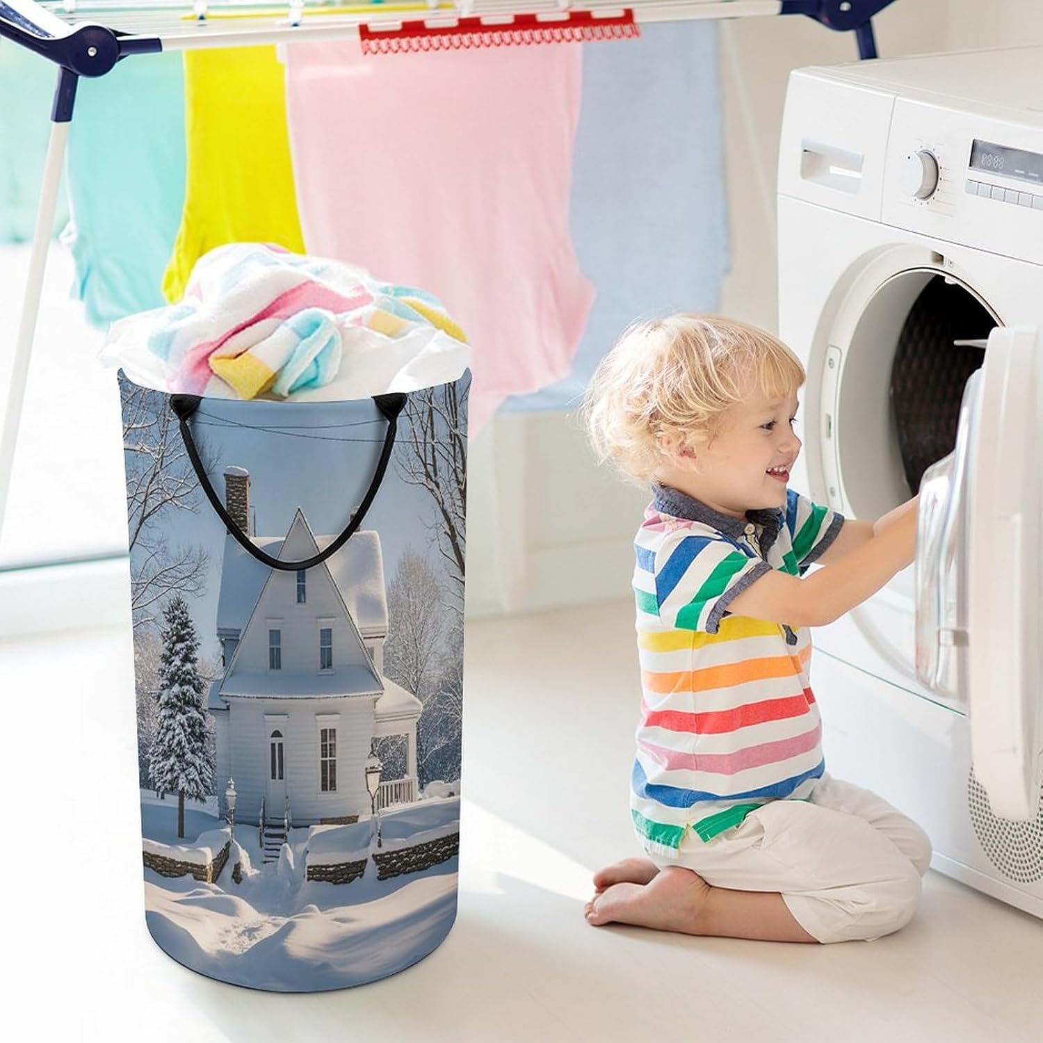Winter House Laundry Basket 86L Laundry Hamper | Collapsible Clothes Hamper with Reinforced Handles Waterproof Tall Foldable Dirty Clothes Basket for Hotel, Home, Closet