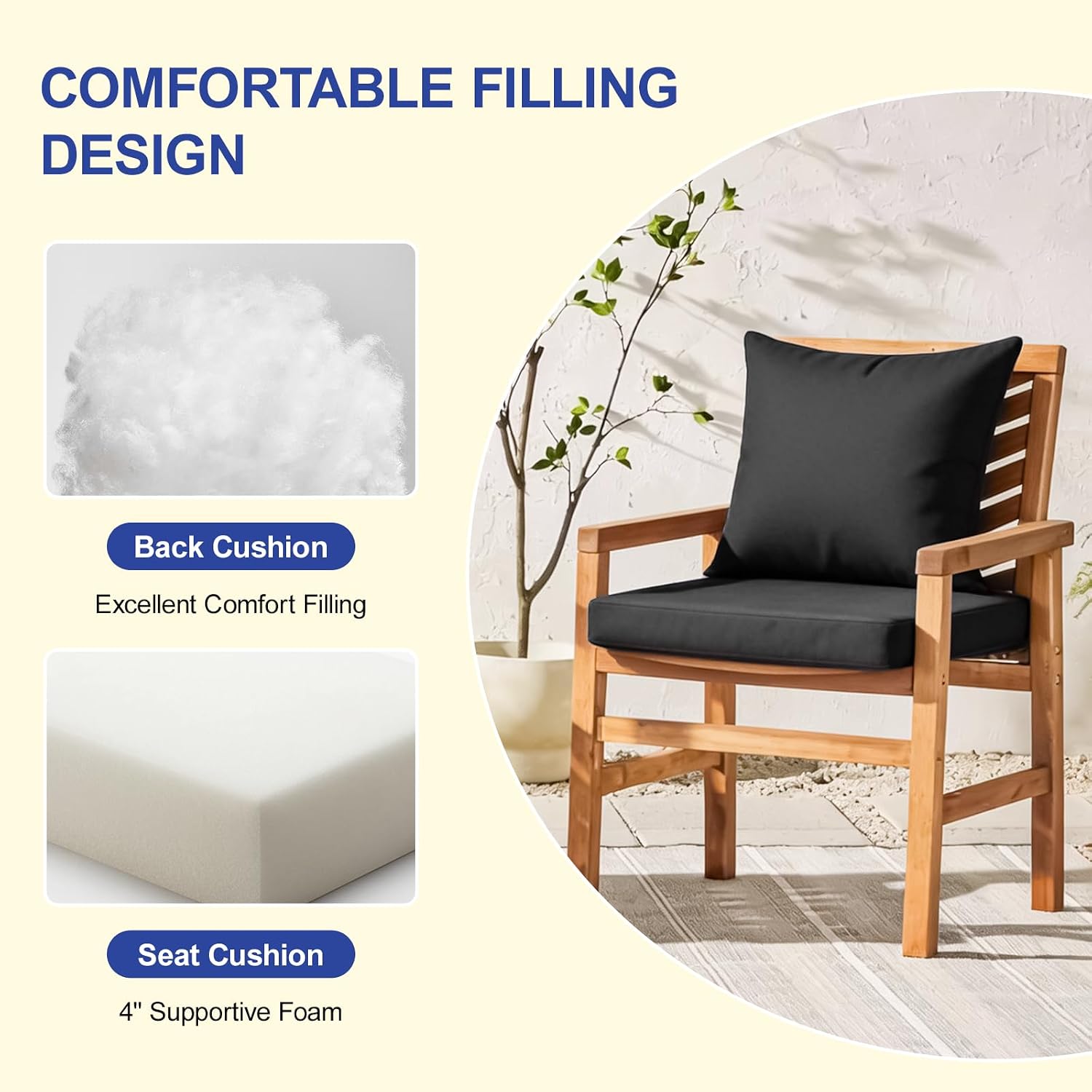 GUHER Outdoor Deep Seat Cushion Set 24 x 24 Inch Waterproof & Fade-Resistant Patio Furniture Cushions with Removable Cover for Outdoor Chair Sofa,Black