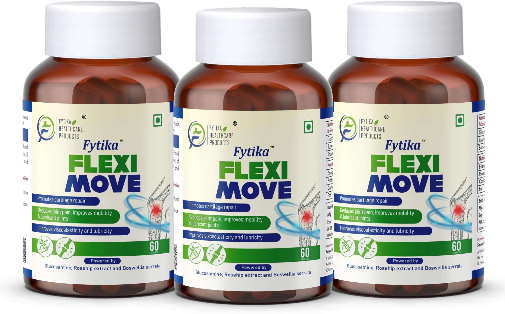 FYTIKA Flexi Move (Pack of 3)-180 Tablets | Glucosamine, Rosehip Powder extract, Boswellia Extract | 4 in 1 Formula that Supports Your Bone, Joint, And Cartilage Health | For Men and Women