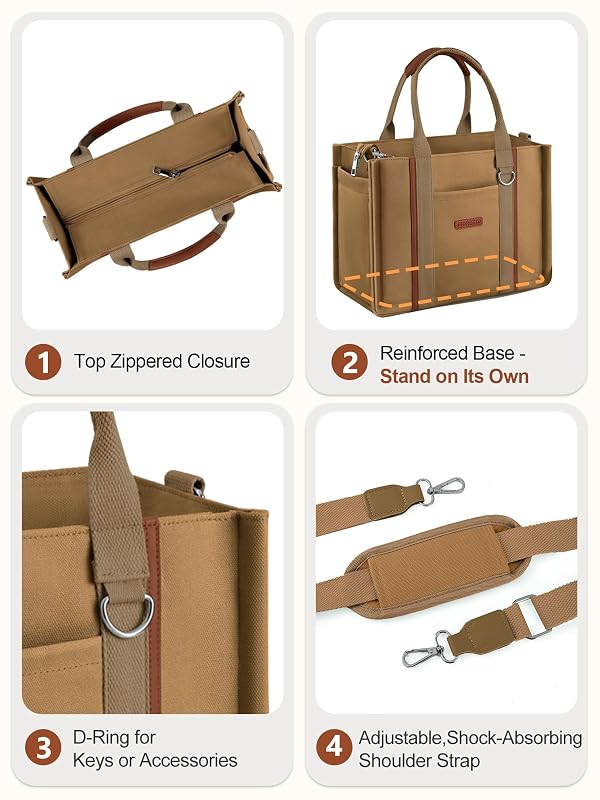 FIORETTO Canvas Tote Bag Purse for Women with Zipper, Multiple Compartments, bottle holder & Reinforced Bottom, Perfect for Nurses & Teachers for Work, Bible Study, Travel & Daily Use Brown M by FIORETTO - Used condition - Image 9