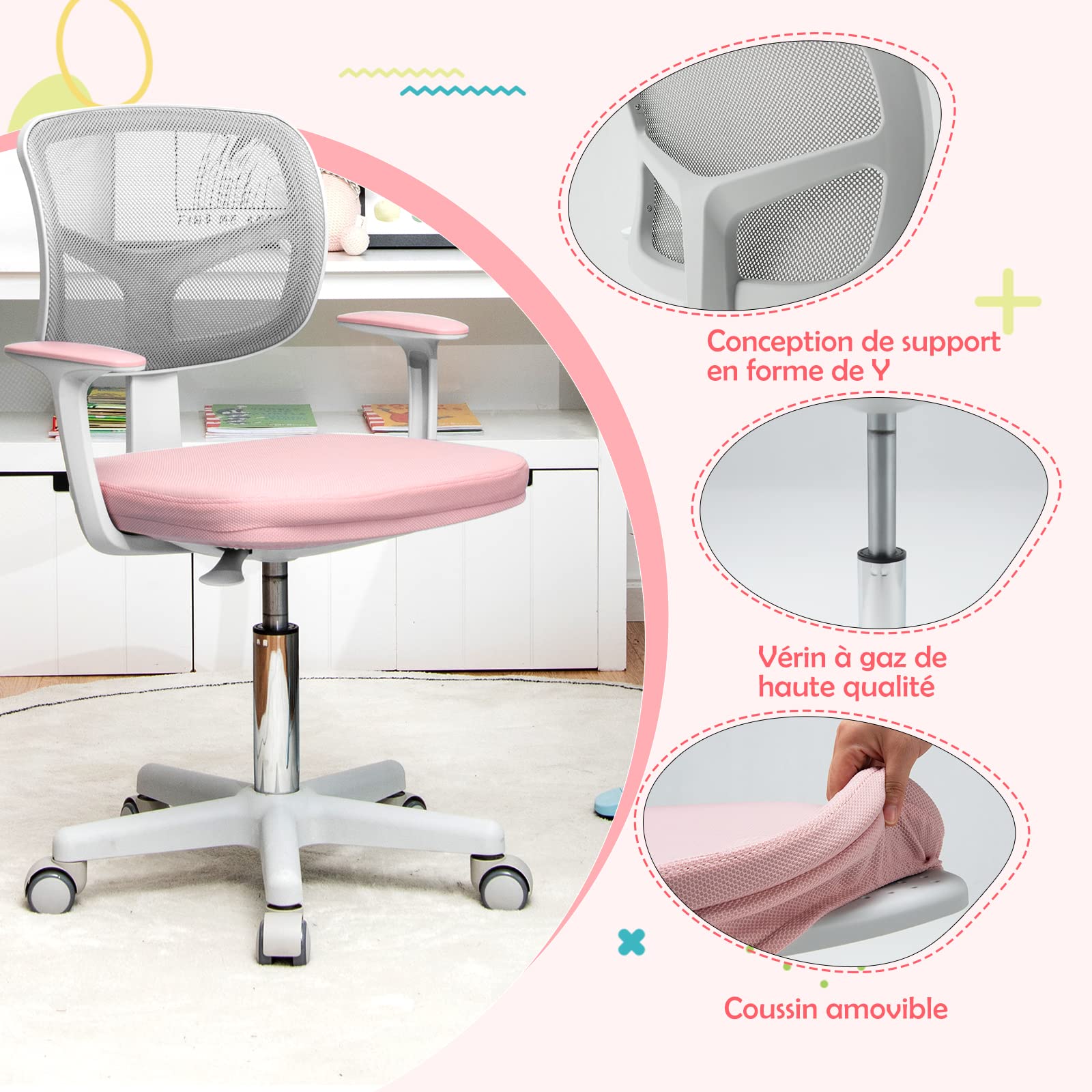 COSTWAY Chaise de Bureau Pivotante Enfants avec Hauteur Réglable 80-91,5cm, Siège à roulettes Enfants avec Dossier & Accoudoirs Ergonomique, Coussin Amovible, Charge 150kg pour 3-10 Ans