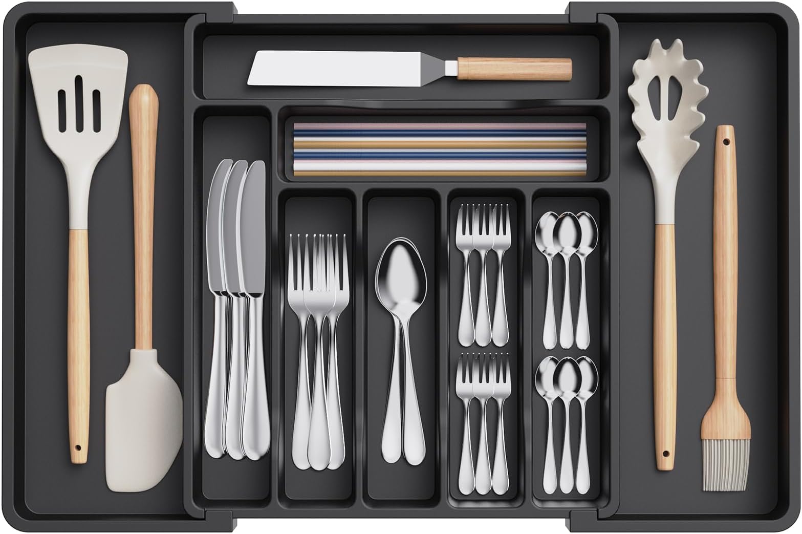 Lifewit Utensil Organizer for Kitchen Drawer, Expandable Cooking Silverware Tray, Adjustable Cutlery Flatware Holder, Plastic Spatula Tools Storage Divider, 13-22.4 x 15", Black