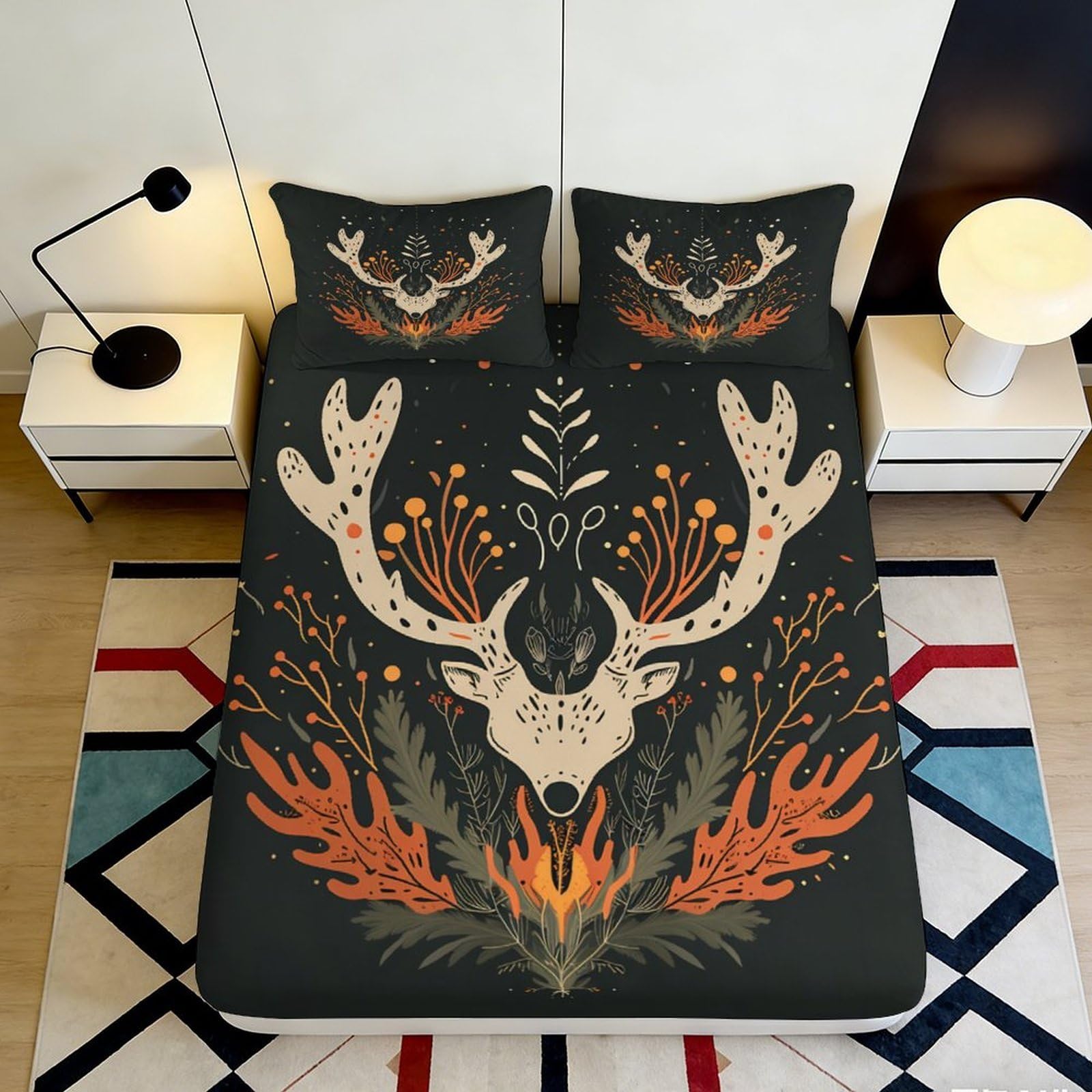 Jqzkxnhpbr Style-10 3D Printed Deer Antlers Fitted Sheet Microfiber Soft Dark Forest Fire Bed Cover For Bedroom Guest Room Mattress Protection 90X200x25cm