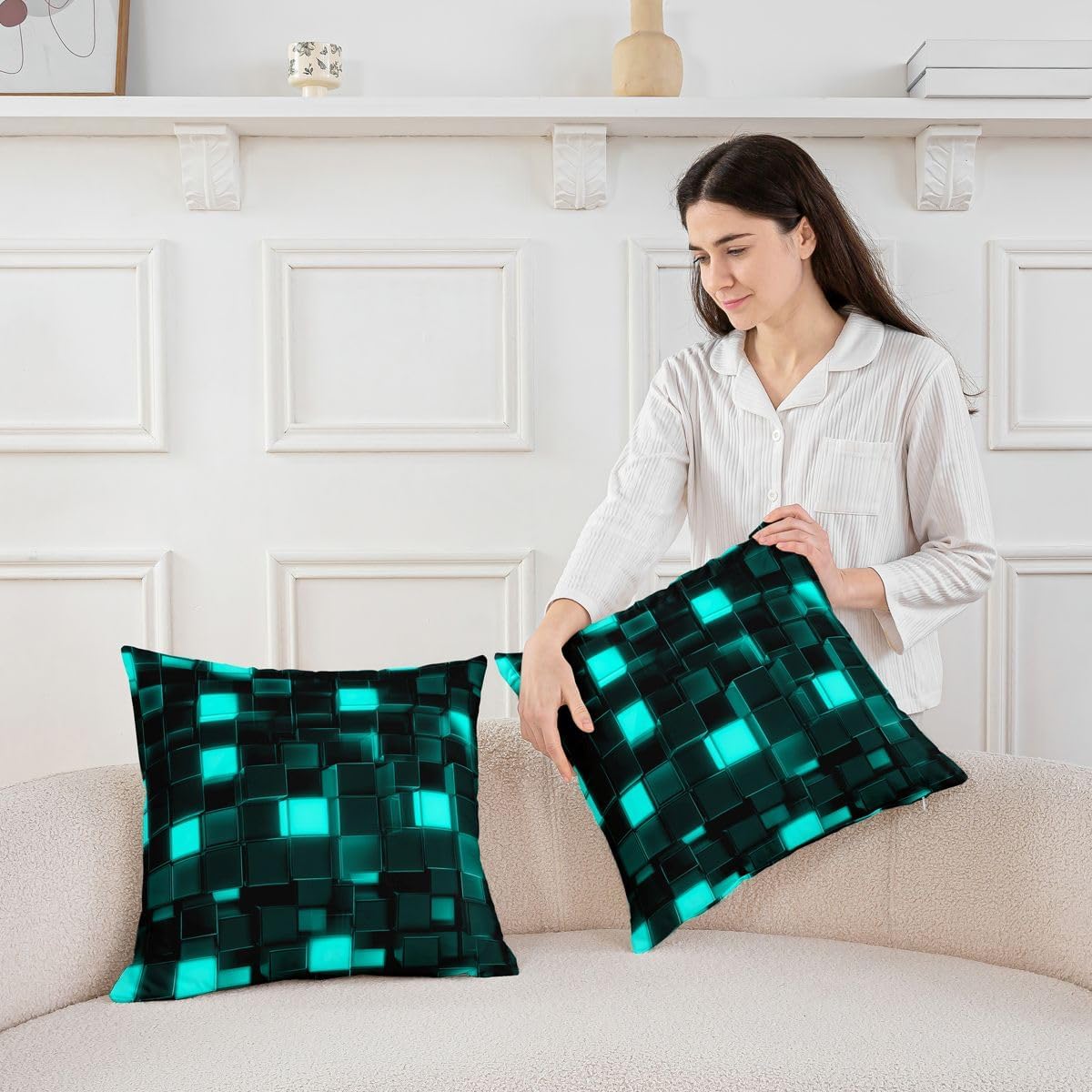 Castle Fairy Video Games Throw Pillow Covers (Pack of 2),3D Blue Block Cushion Cover for Kids Girls Teens Neon Pixel Plaid Patchwork Pillow Cases Modern Gaming Living Room Sofa Bed Decor,18" Lx18 W image 2