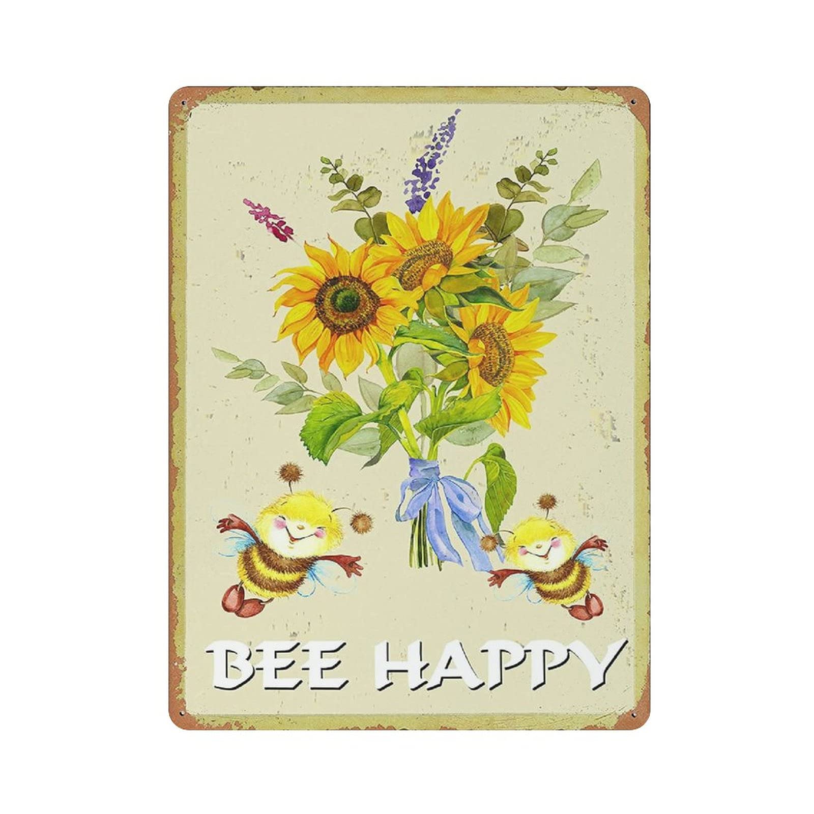 Metal Tin Sign Sunflower Bee Happy Vintage Tin Poster Metal Sign Wall Decoration Country Kitchen Home Garage Decor 16"x12"