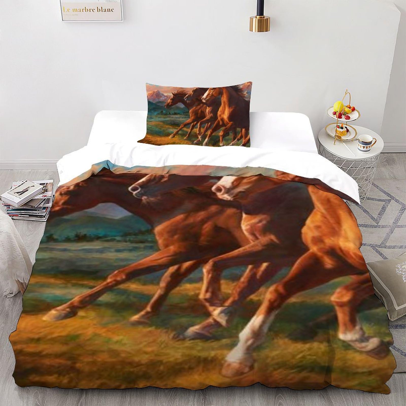 Parure de lit cheval en microfibre premium au design faune et flore pour lit simple