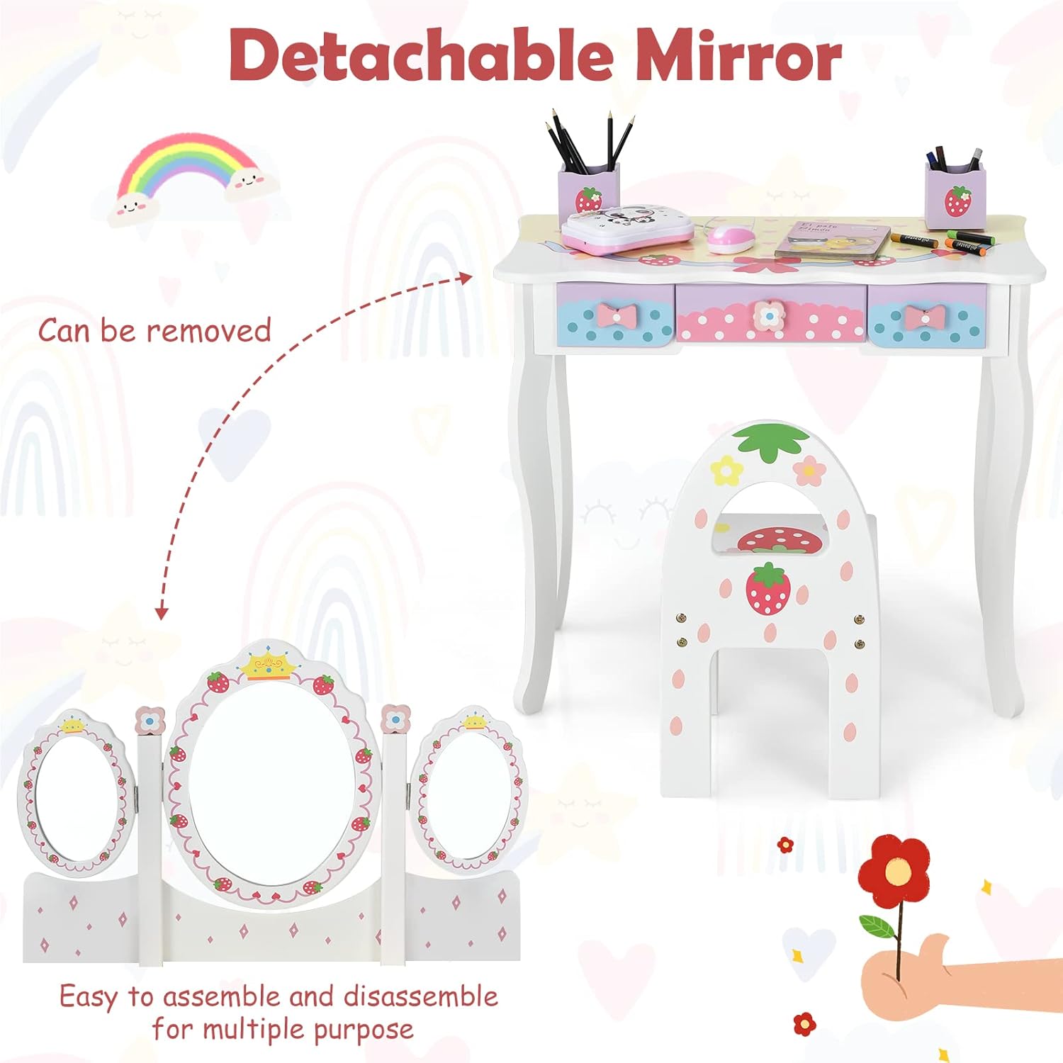 GLACER Kids Vanity, 2-in-1 Cute Toddler Vanity w/Tri-Fold Mirror & Storage Drawers, Detachable Top, Makeup Accessories, Princess Kids Vanity Table and Chair Set for Little Girls Aged 3+ (White)