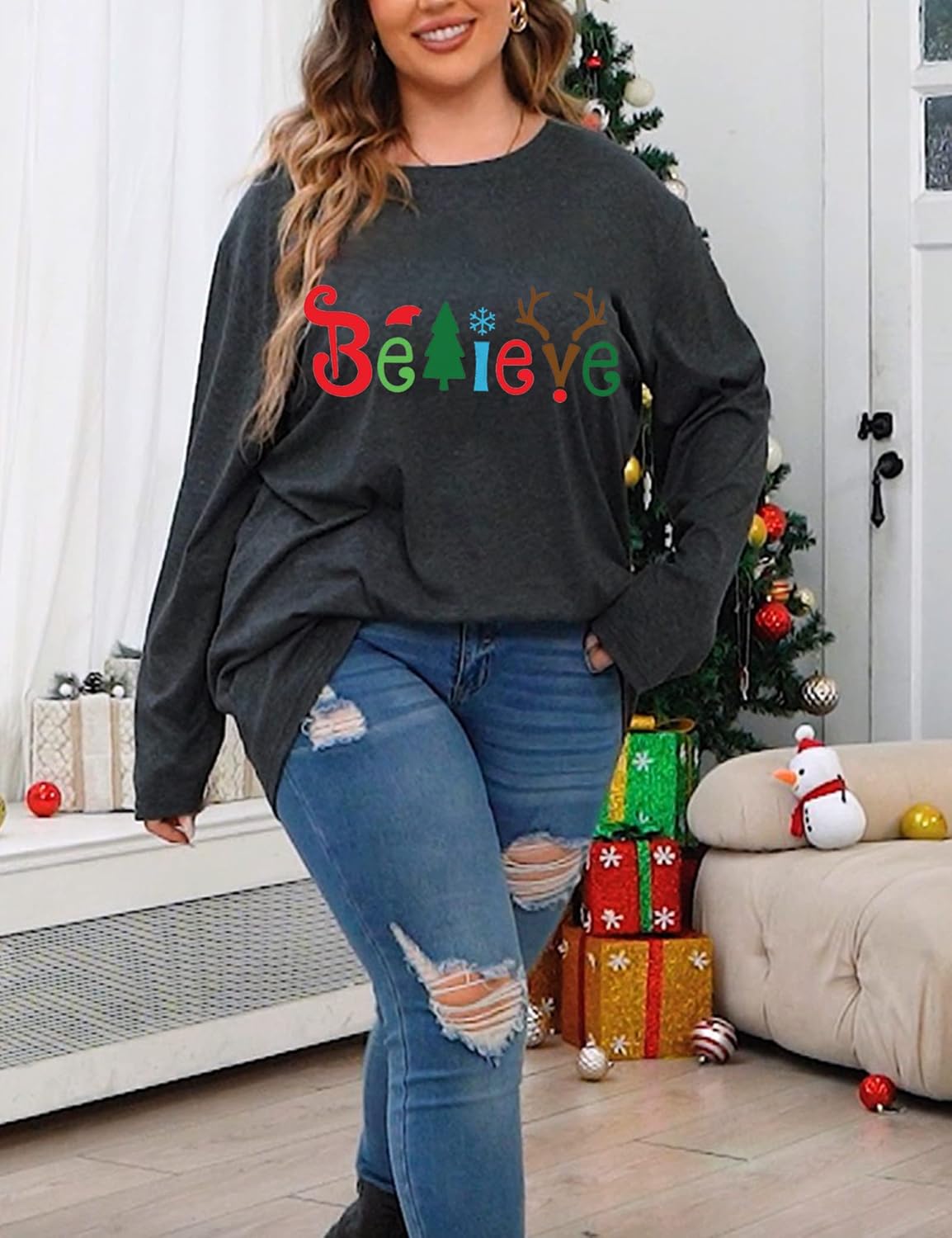 Plus Size Christmas Shirt Women Merry and Bright Long Sleeve Merry Christmas Long Sleeve Xmas T Shirts Tops - Image 5