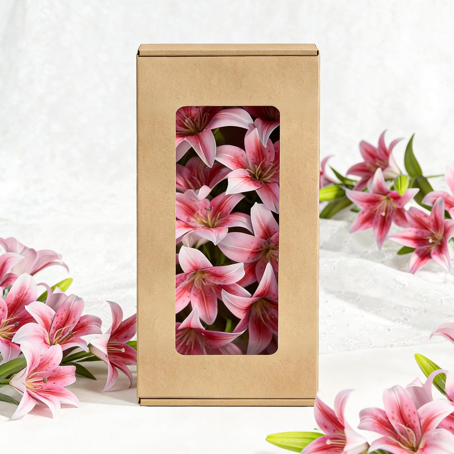 6PCS Artificial Lilies Set with 12 Heads Fully Bloomed Lilies and 6 Buds, Short Stem Real Touch Artificial Flowers for Home Hotel Flower Arrangement Party Decor (Pink)
