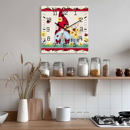 Miniatura 9 de Reloj de pared de madera con gnomos de mariquita, silencioso, sin tictac, para verano, primavera, tulipán, cuadrado, funciona con pilas, reloj
