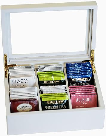 Break Tradition Wooden Tea Organizer For Tea Bags - Wooden Tea Chest With 6 Compartments - Clear Top Window - Lid Stays Open White