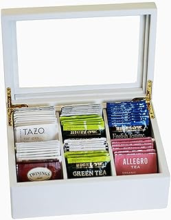 Break Tradition Wooden Tea Organizer For Tea Bags - Wooden Tea Chest With 6 Compartments - Clear Top Window - Lid Stays Open (White)