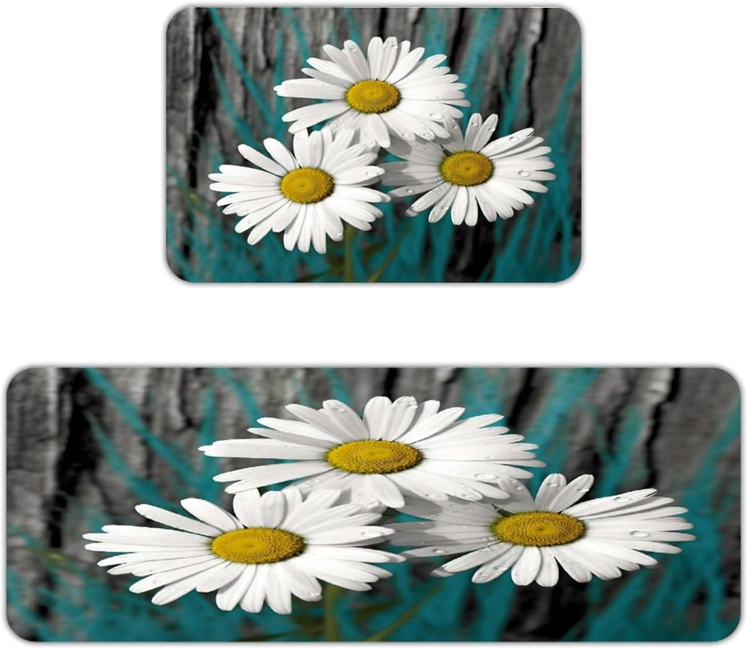 Daisy Flowers Kitchen Mat Set of 2 Ergonomic Comfort Velvet Rugs Cushioned Anti-Fatigue Non-Slip Standing Mats Thick Kitchen Floor Mat Carpet Runner Rugs 16"×24"+17"×47"
