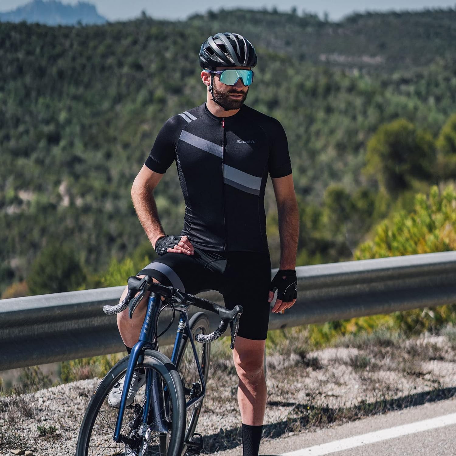Santic Men's Cycling Jersey Shorts Sleeve Tops Pro Road Bike Bicycle Shirt Full Zip UPF 50+ MTB Jersey with Pockets