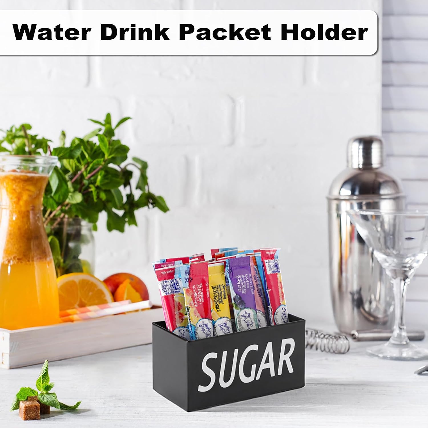 ELLDOO Sugar Packet Holder, Metal Sugar Bowl for Restaurant, Tea Bag Organizer, Small Condiments Packet Holder Sugar Caddy Dispenser for Countertop Coffee Bar（Black）