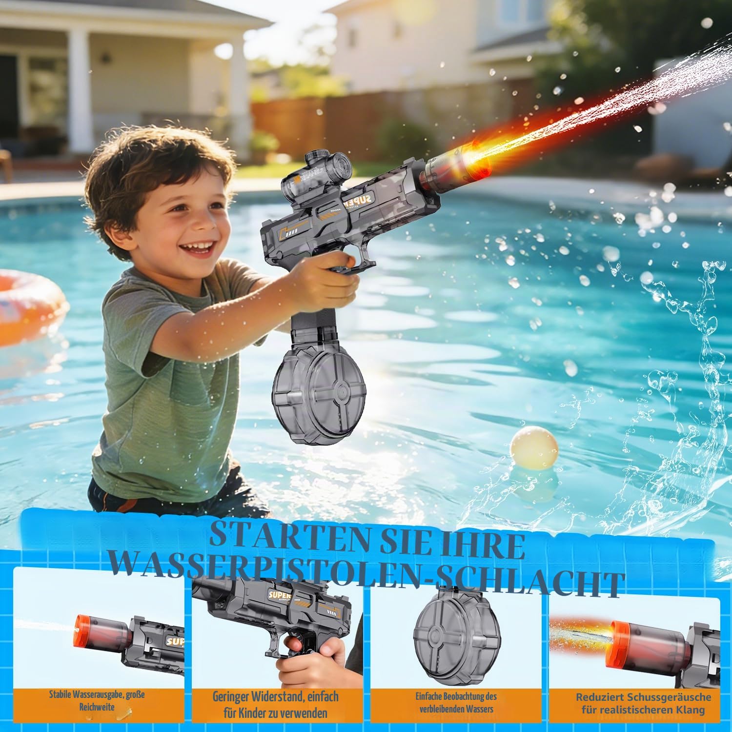 4 Pack Wasserpistole Elektrisch, Wasserpistolen mit Cooler LED-Flamme, 8-10 M Reichweite, Wasserpistole kinder für Schwimmbad, Strandparty, Sommer-Spielzeug im Freien für Jungen und Mädchen 3-12 Jahre