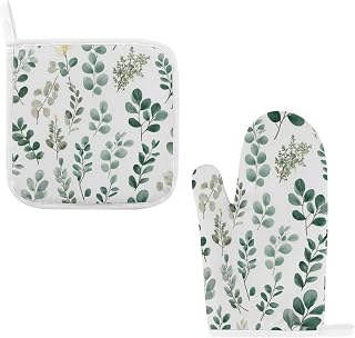 Two Piece Heat Insulating Gloves Oven Mitts Heat Resistant for Kitchen, BBQ Watercolor Sage Green Leaf