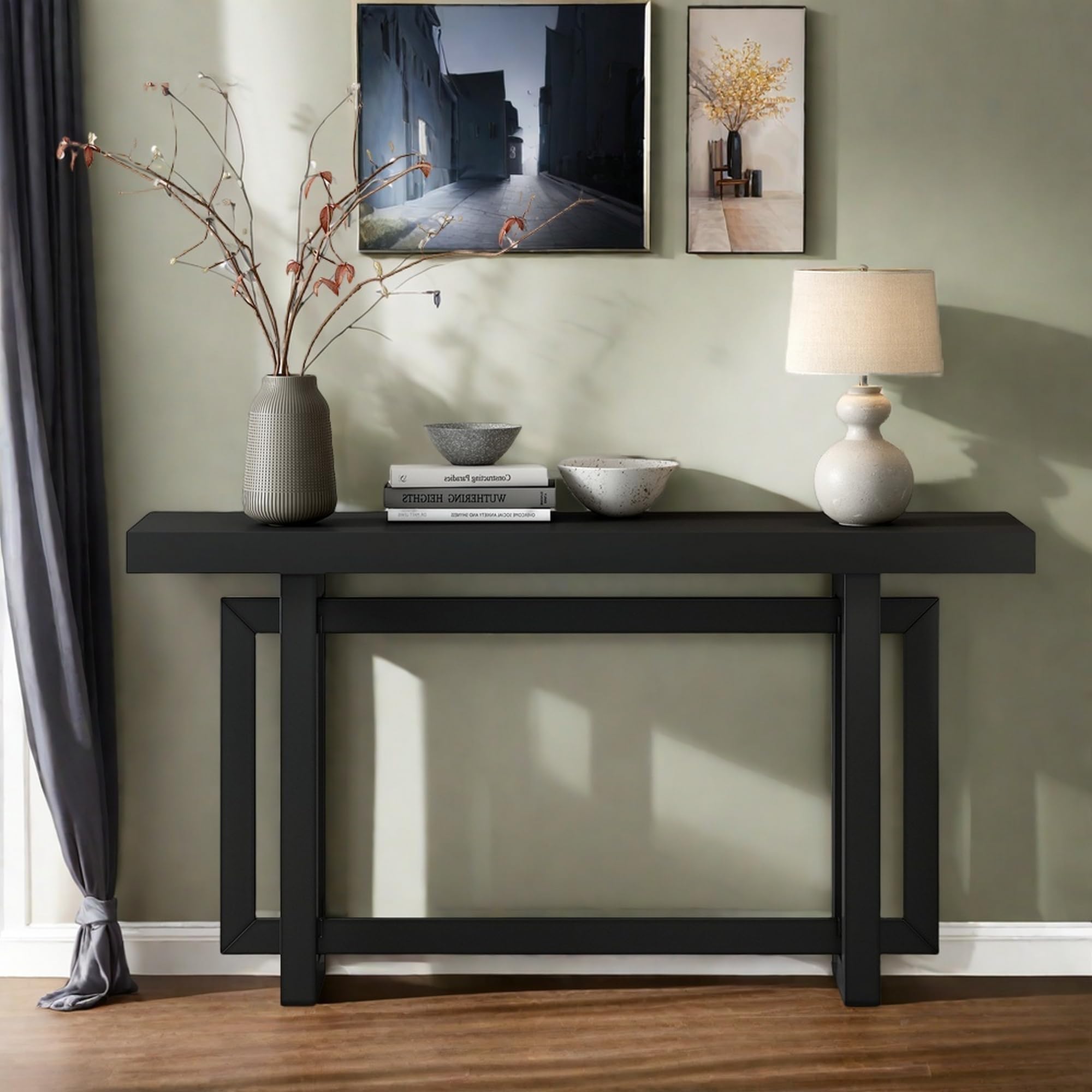 LUMISOL Long Console Table with Thick Pine Wood Legs, Black