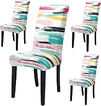 Brida Stretchable Floral Printed Dining Chair Covers Elastic Chair Seat Case Protector, Slipcovers (4 Chair Cover, Paint Brush) - Multicolor