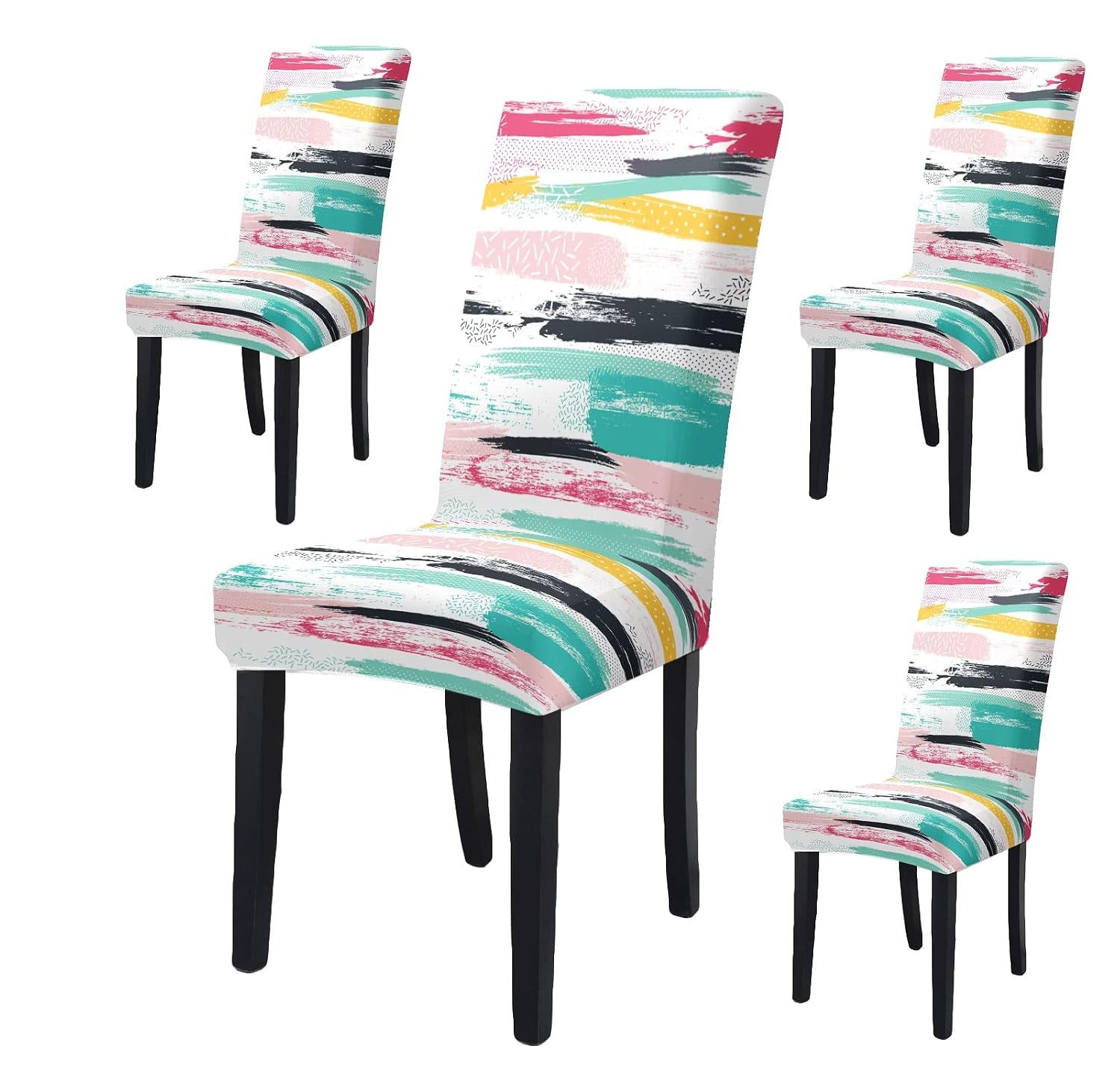 Brida Stretchable Floral Printed Dining Chair Covers Elastic Chair Seat Case Protector, Slipcovers (4 Chair Cover, Paint Brush) - Multicolor