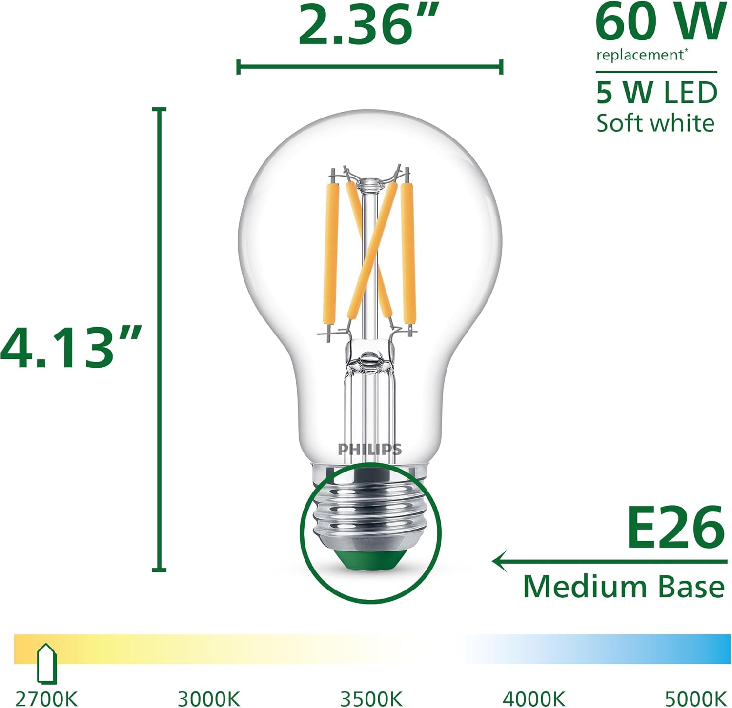 Philips LED 60W A19 12-Pack Ultra Efficient Soft White (2700K) 850 Lumen (5W = 60W) Dimmable Clear, Flicker-Free Light Bulbs
