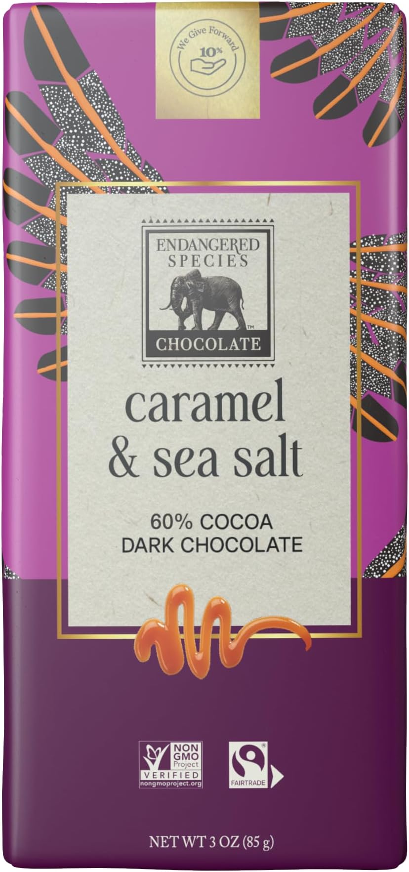 Endangered Species, Dark Chocolate Sea Salt Caramel Bar, 3 oz