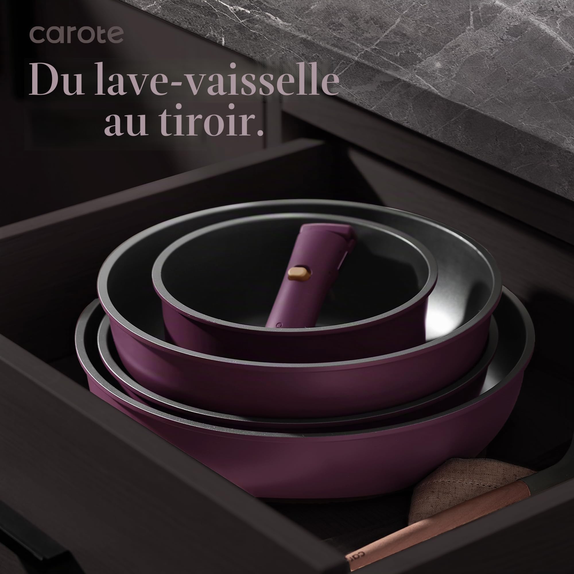 CAROTE Batterie de cuisine antiadhésive 19 pièces avec poignée amovible, ensemble de cuisine doré pour camping-car, compatible avec tous les poêles