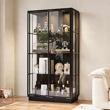 Tall Glass Display Cabinet with Glass Shelving & Sliding Doors, Trophy Case Glass Cabinet with Spotlights Black 39.4W x 19.7D x 75.2H