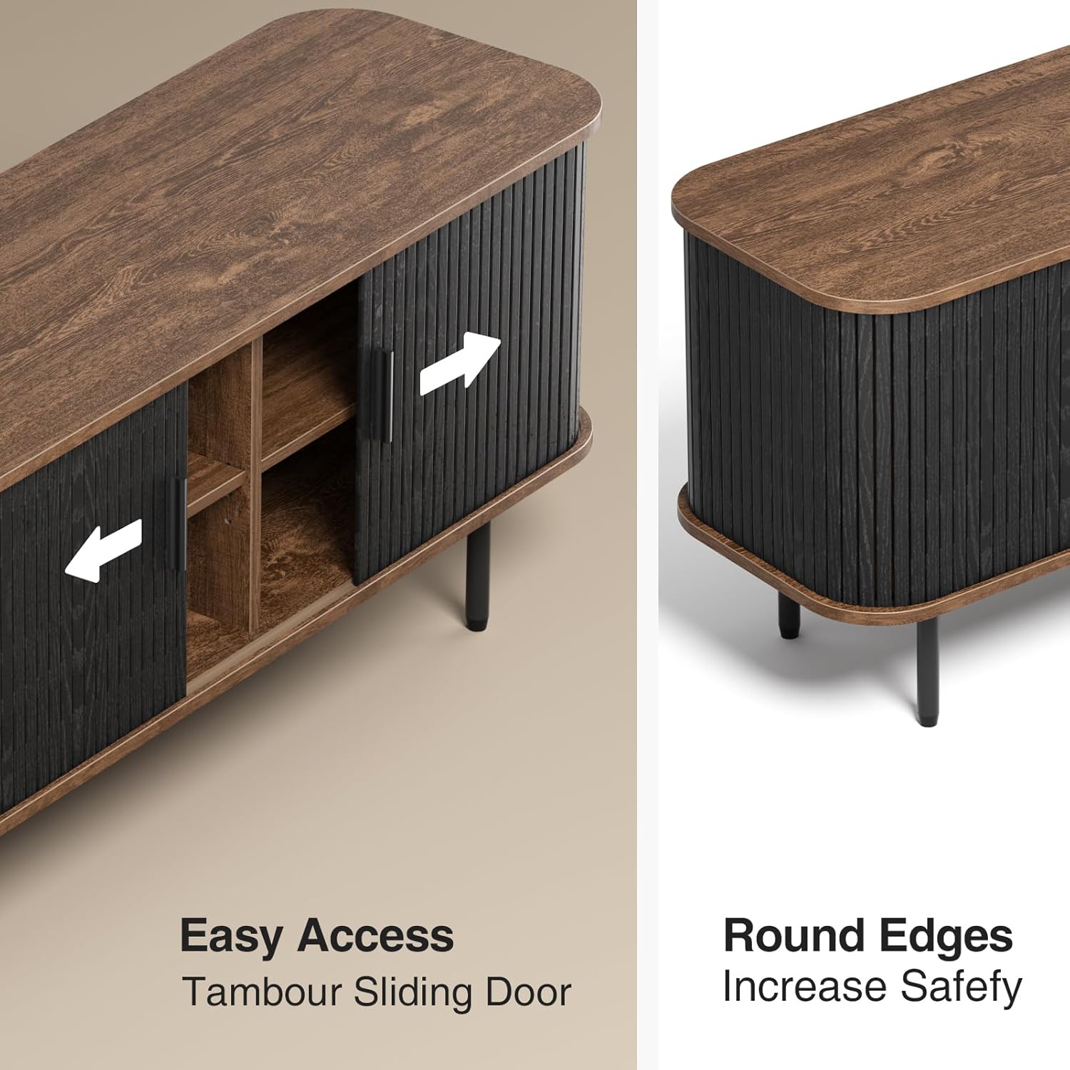 47''W Black Cabinet with Storage, Media Console, Tambour TV Stand, Television Stands with Curvy Edge; Sliding Door, Fluted Cabinet, Buffet Sideboard, Credenza, Table Stand for Living Room, Kitchen - Image 5