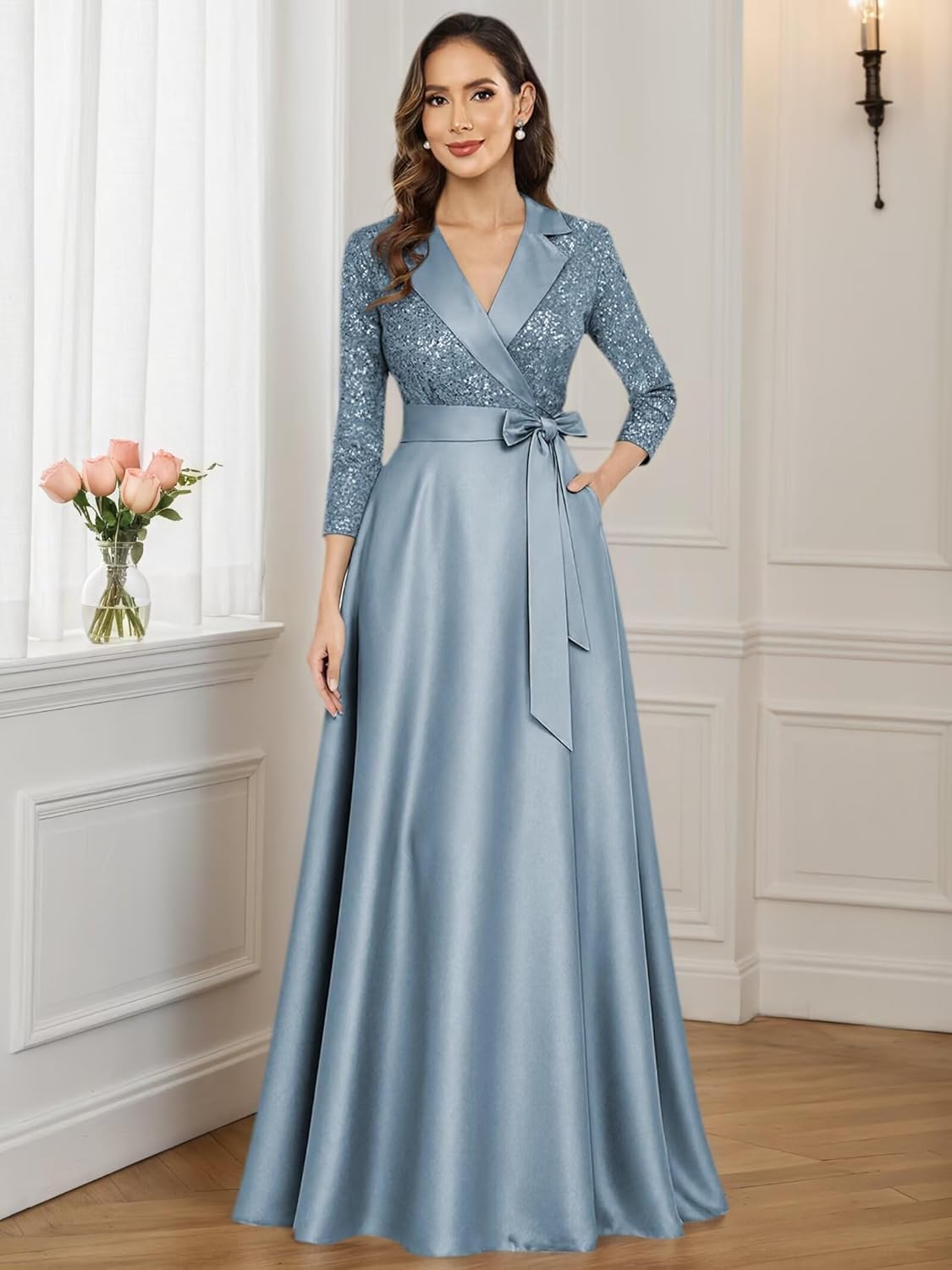 3/4 Sleeves Mother of The Bride Dresses with Bow for Women Sequin Satin Long Formal Wedding Guest Dress with Pockets - Image 3